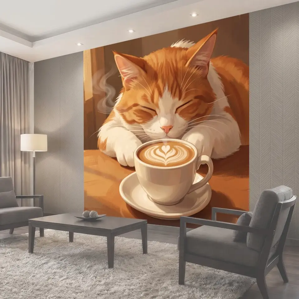 Фотообои Рыжий кот с чашкой кофе