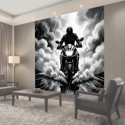 Фотообои Мотоциклист сквозь ливень
