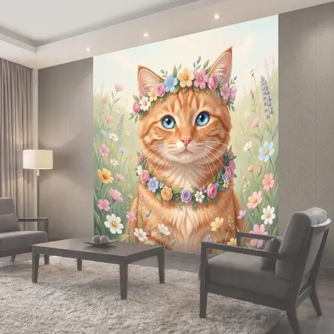 Фотообои Рыжий кот в цветочной короне