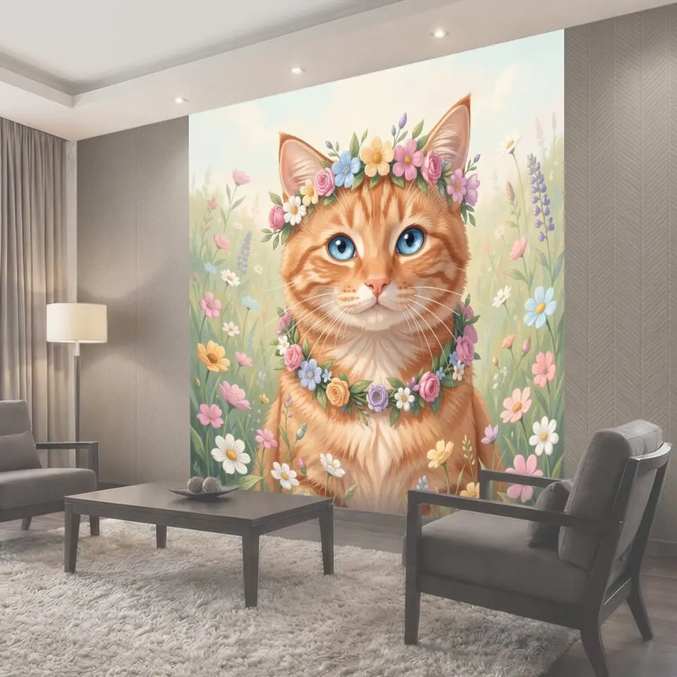 Фотообои Рыжий кот в цветочной короне
