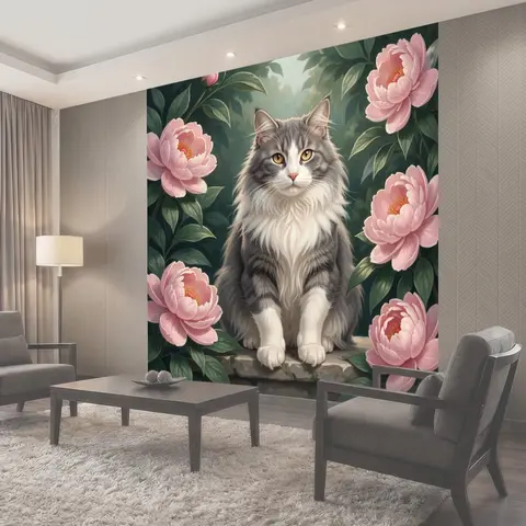 Фотообои Пушистый кот среди пионов