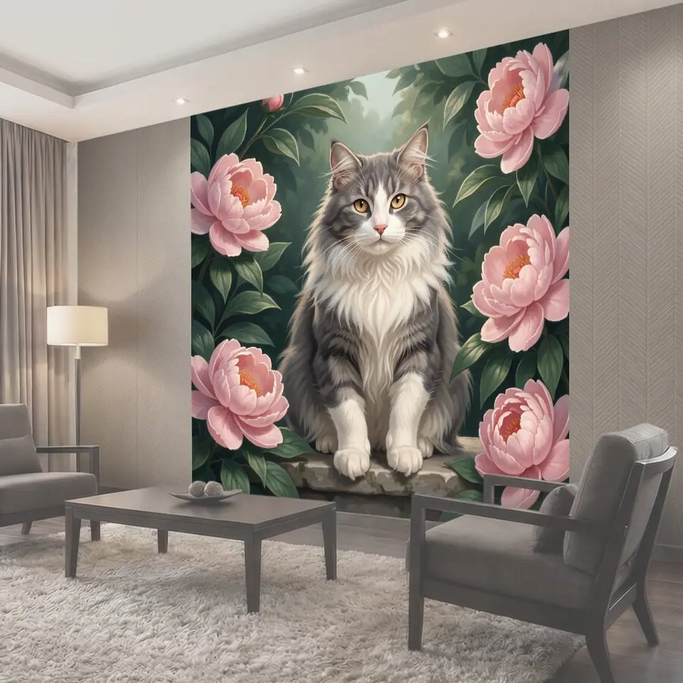 Фотообои Пушистый кот среди пионов