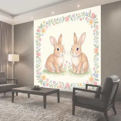 Фотообои Два зайчика в цветочной рамке