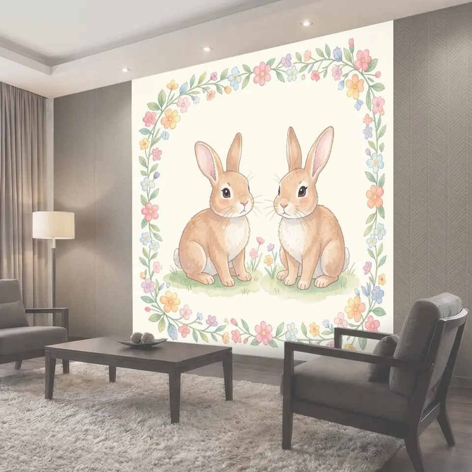 Фотообои Два зайчика в цветочной рамке