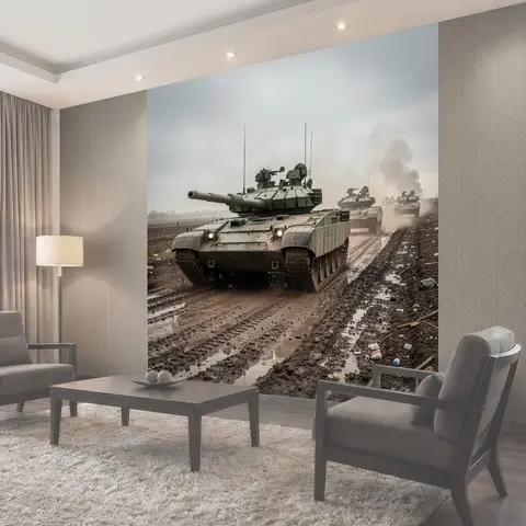 Фотообои Бронетехника в грязной колее