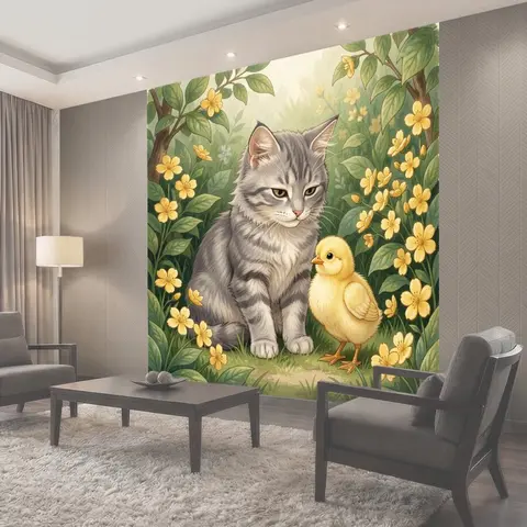 Фотообои Котенок и цыпленок среди цветов
