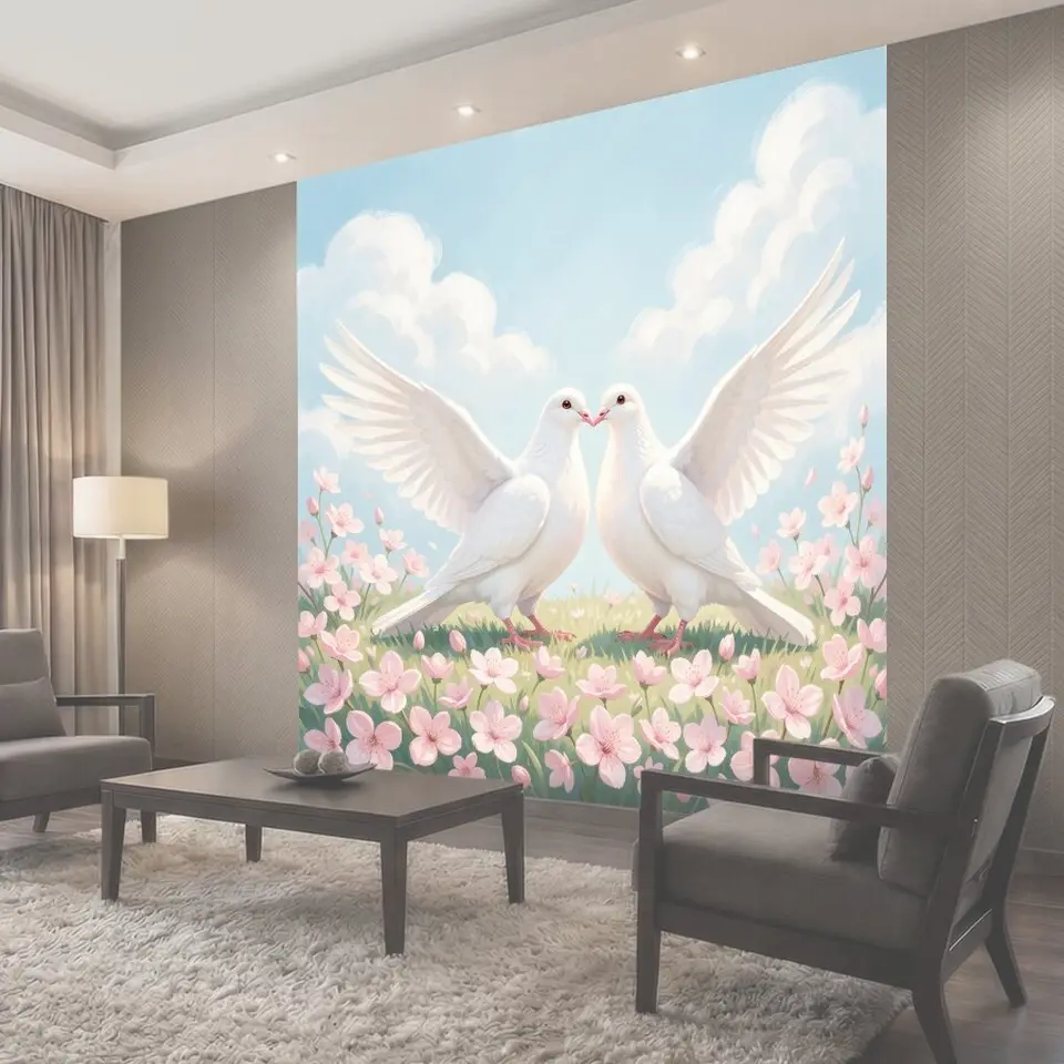 Фотообои Белые голуби в цветущем саду