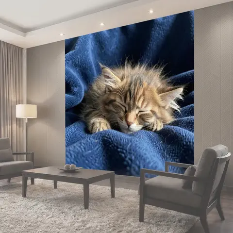 Фотообои Спящий рыжий котёнок на пледе