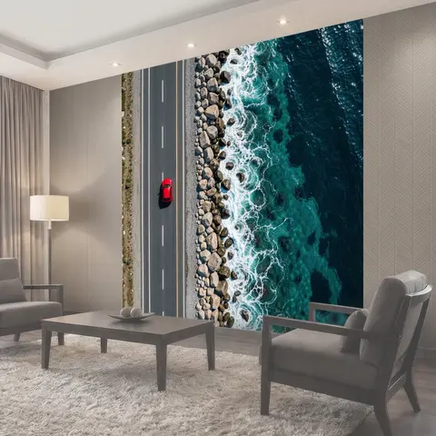 Фотообои Красный автомобиль у моря