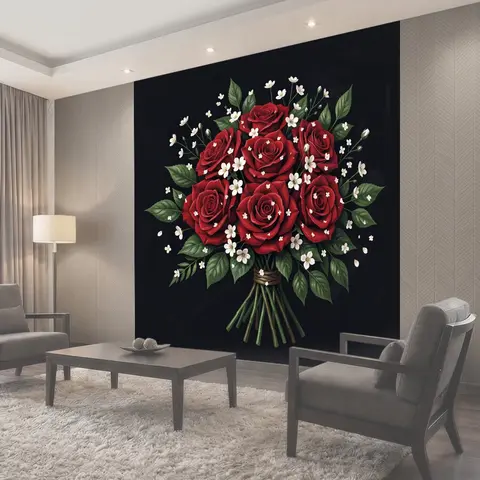 Фотообои Букет красных роз с белыми цветами