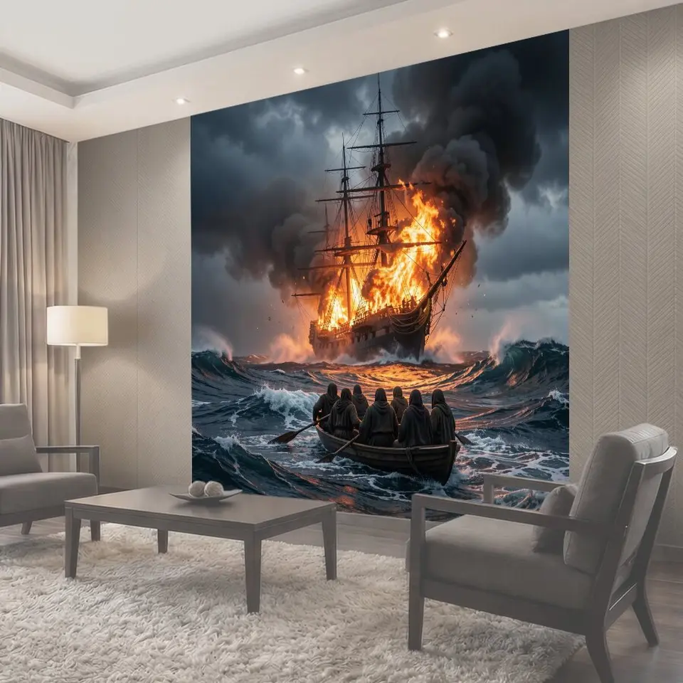 Фотообои Горящий парусник в бурном море
