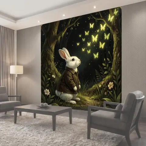 Фотообои Белый кролик и светящиеся бабочки