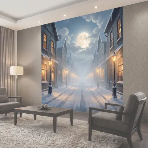 Фотообои Сказочная заснеженная улица и луна