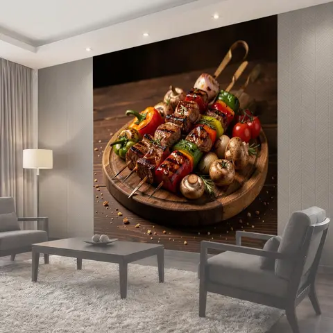 Фотообои Гриль-шашлычки с овощами и грибами