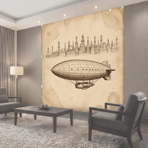 Фотообои Воздушный корабль над заводами