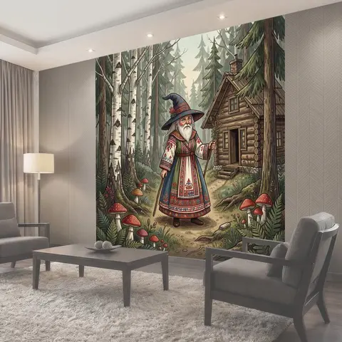 Фотообои Волшебник у лесной избушки