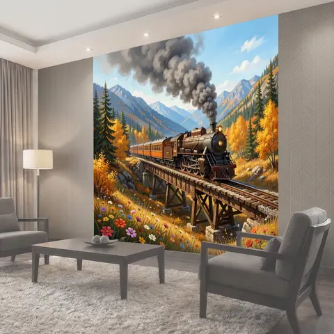 Фотообои Паровоз в горном ущелье