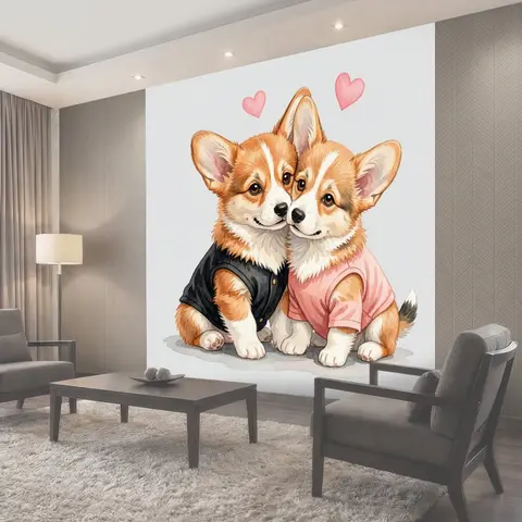 Фотообои Два щенка корги с сердечками