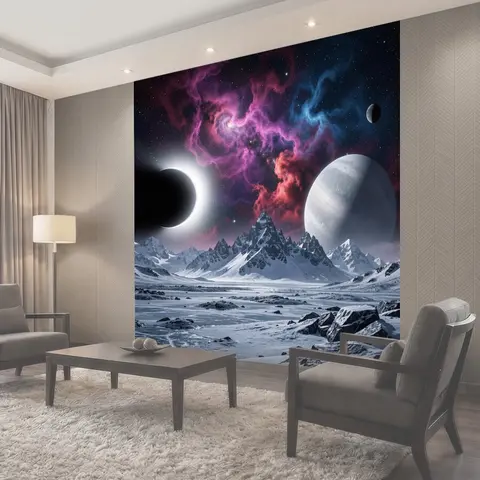 Фотообои Фантастический космос над снежными горами