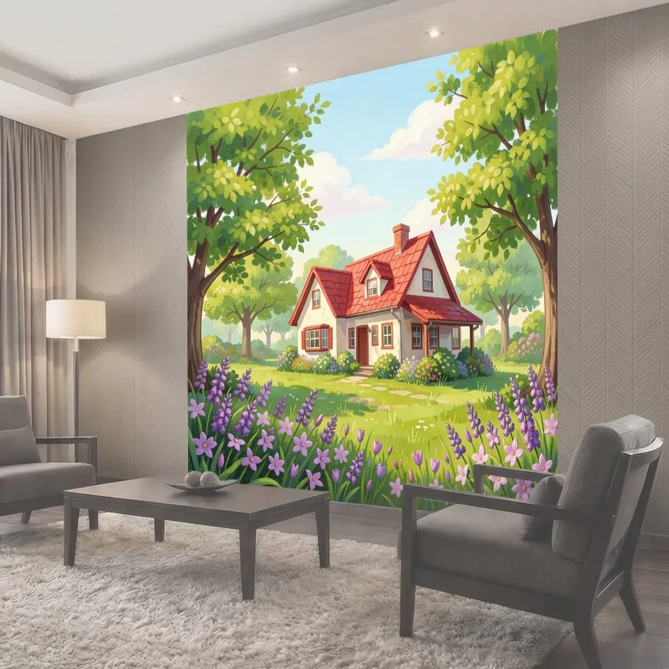 Фотообои Домик в зелёном саду с цветами