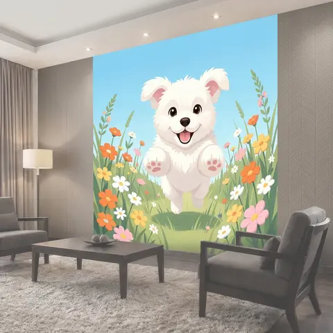 Фотообои Белый щенок в цветущем поле