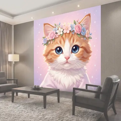 Фотообои Рыжий котенок с цветочным венком