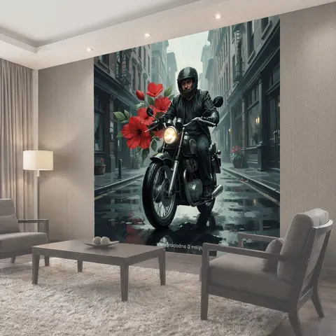 Фотообои Мотоциклист среди красных цветов