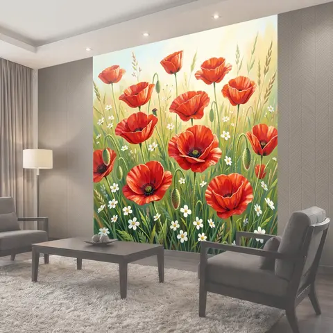 Фотообои Алые маки и ромашки в траве