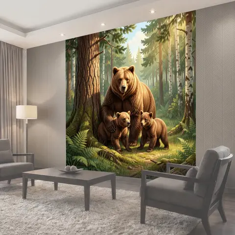 Фотообои Медведица с медвежатами в лесу