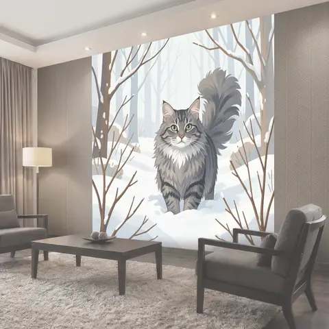 Фотообои Пушистый кот в зимнем лесу