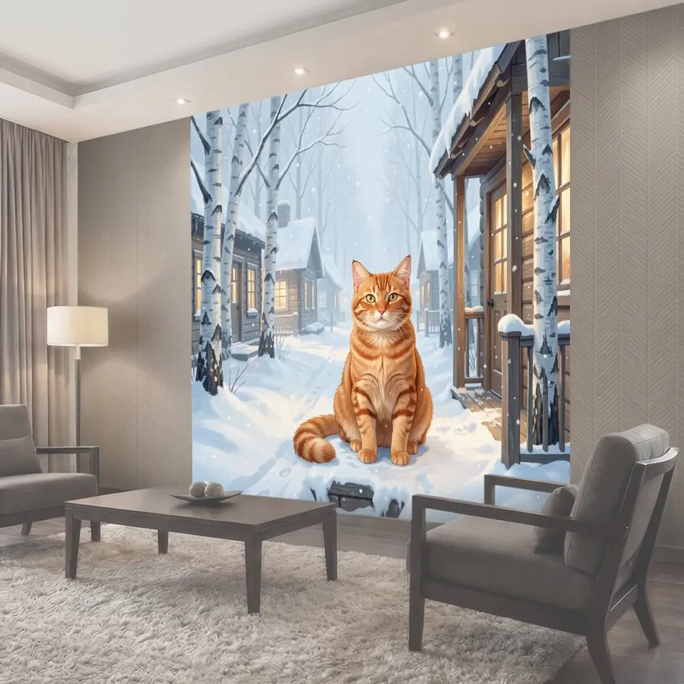 Фотообои Рыжий кот на заснеженной улице