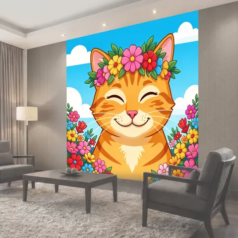 Фотообои Улыбающийся рыжий кот с цветами