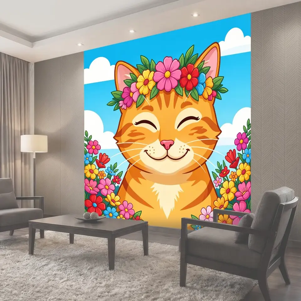 Фотообои Улыбающийся рыжий кот с цветами