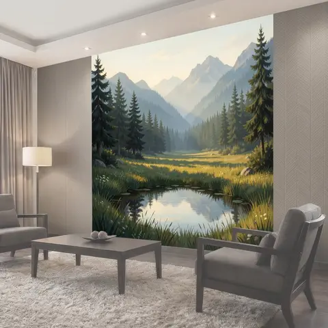 Фотообои Горная долина с лесным озером