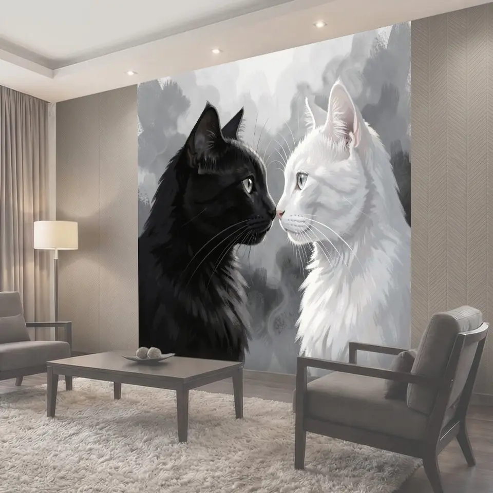 Фотообои Черный и белый коты. Контрастные кошки в профиль