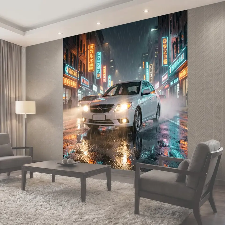 Фотообои Седан в неоновом азиатском квартале