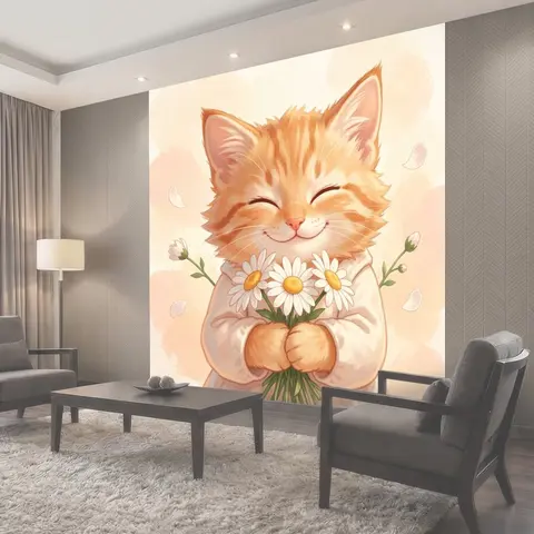 Фотообои Улыбающийся рыжий кот с ромашками