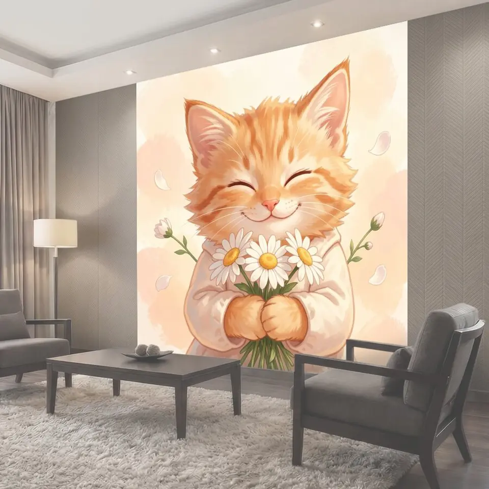 Фотообои Улыбающийся рыжий кот с ромашками