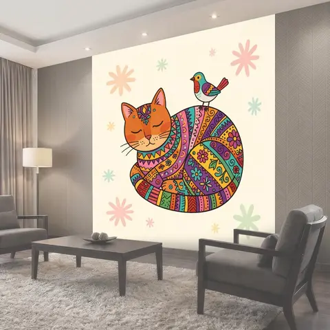 Фотообои Спящий кот с птицей