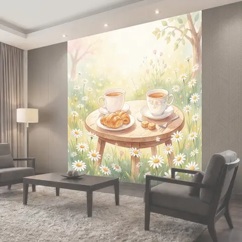 Фотообои Летний столик с чашками и круассанами