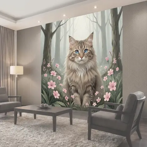Фотообои Пушистый кот среди цветов