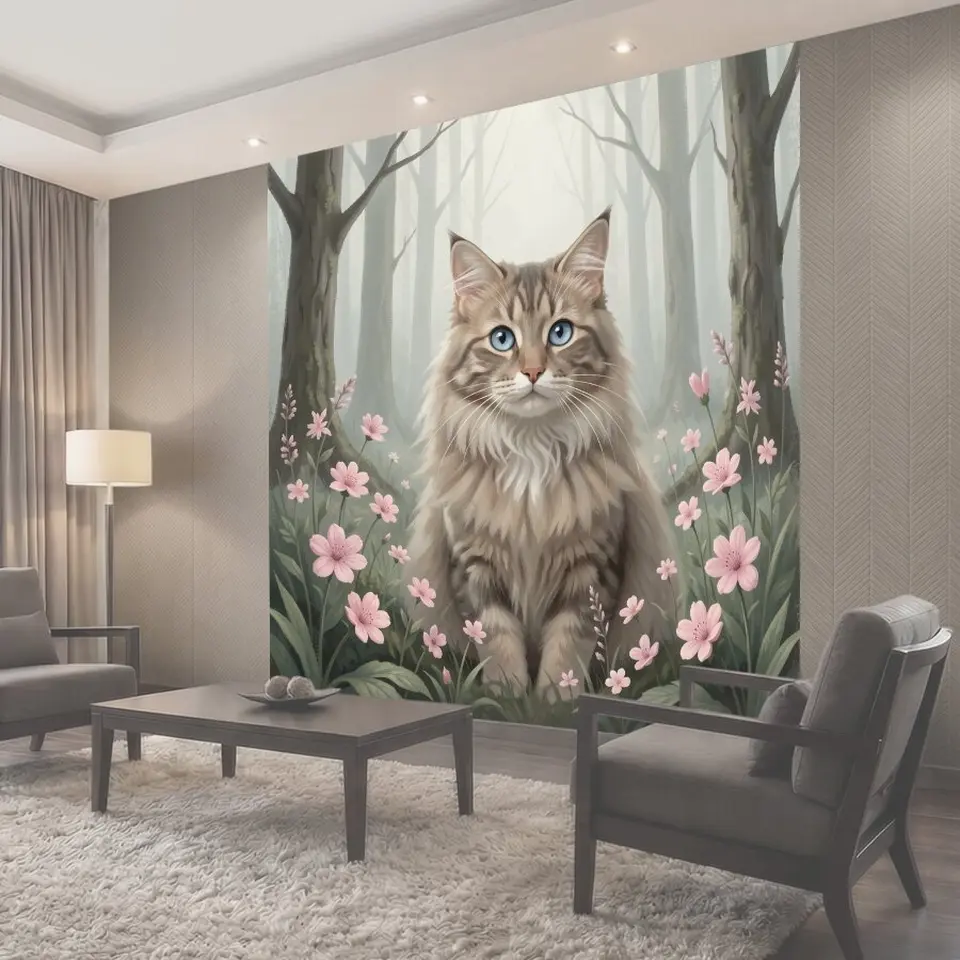 Фотообои Пушистый кот среди цветов