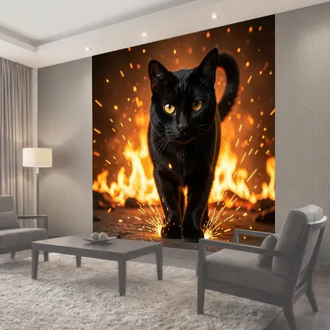 Фотообои Черный кот на фоне огня