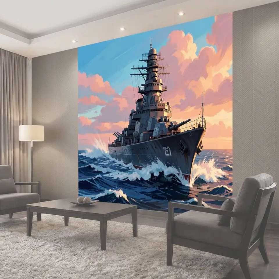 Фотообои Военный корабль в море на закате