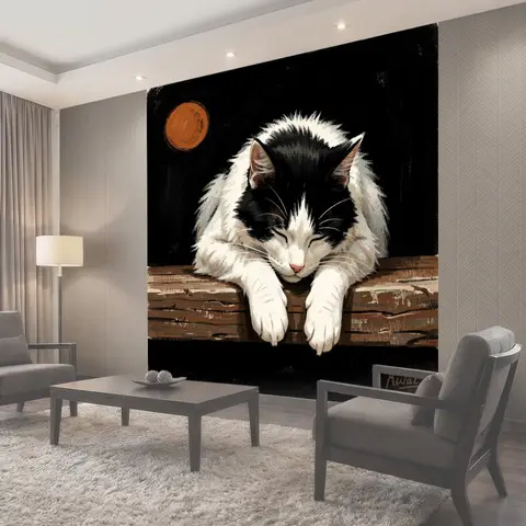 Фотообои Спящий черно-белый кот на дереве