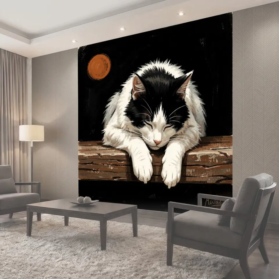 Фотообои Спящий черно-белый кот на дереве