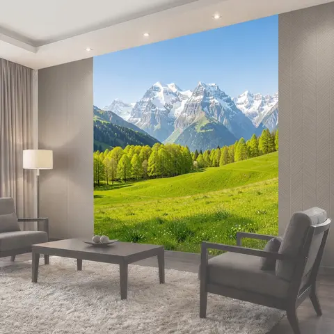 Фотообои Альпийские вершины и зелёные луга