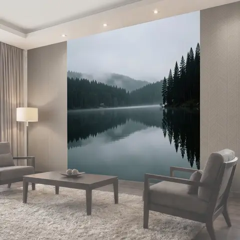 Фотообои Туманное лесное озеро в горах