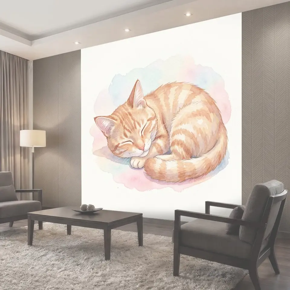 Фотообои Спящий рыжий котенок на облаке