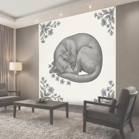 Фотообои Спящая кошка с узорами цветов